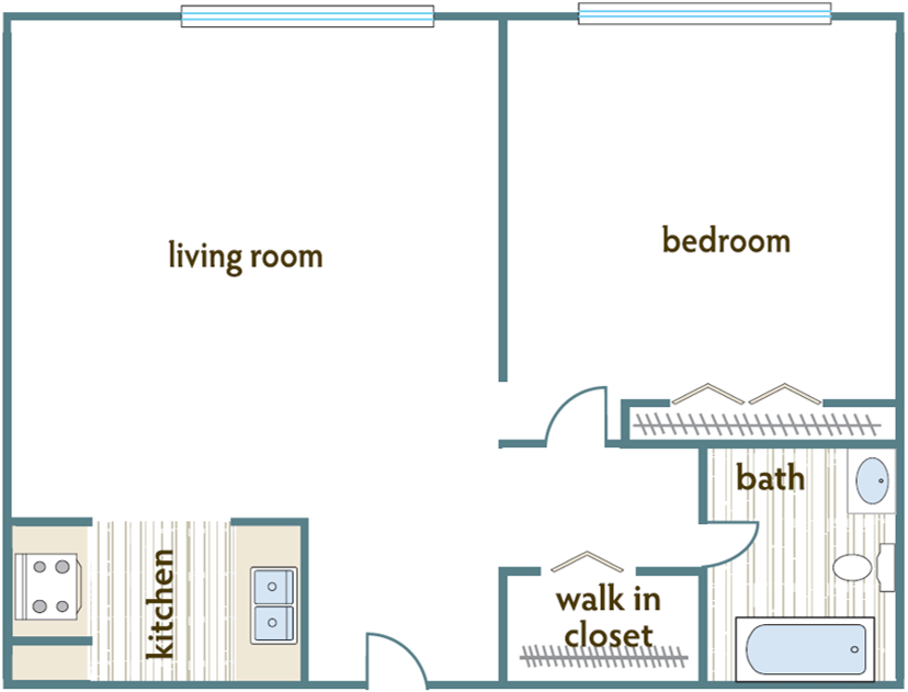 Floor plan for 1 bed, 1 bath, 580 sqft